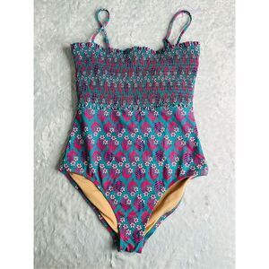 J.Crew Womens Teal Pink Floral Shirred One-Piece Swimsuit Size Medium